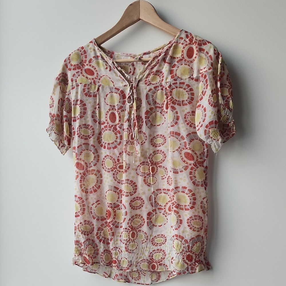 Vintage Mango 100% Silk Printed Short Sleeve Peasant Top